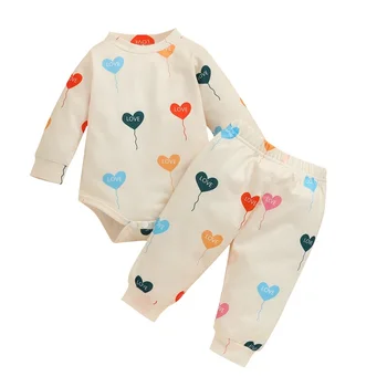 2022-12-17 Lioraitiin 0-24M Bebek Bebek 2 Adet sevgililer Günü Kıyafetleri Uzun Kollu Kalp Balon Baskı Bodysuit Romper + pantolon seti