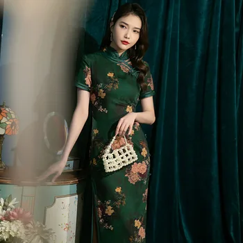 2022 Yaz Yeni Kadın Dantel Qipao Kısa Kollu Bayan Parti Elbise Çin Geleneksel Zarif Podyum Kadın Cheongsam