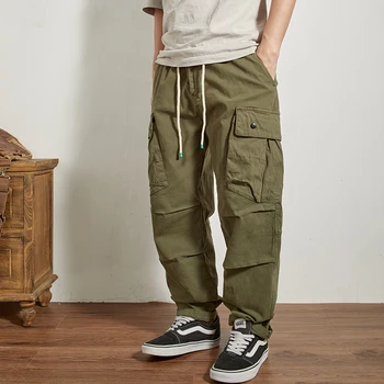 2023 Sonbahar Ve Kış Yeni Japon Retro erkek Düz Renk Streç Yıkanmış Büyük Boy Çok cep Moda rahat pantolon
