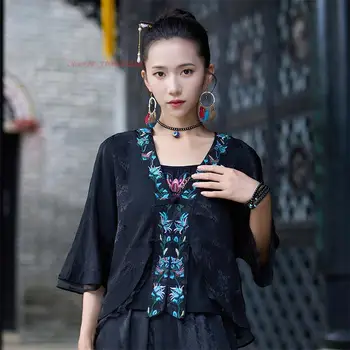 2024 çin ulusal çiçek nakış saten jakarlı hırka geleneksel vintage hanfu ceket oryantal tang takım elbise etnik bluz