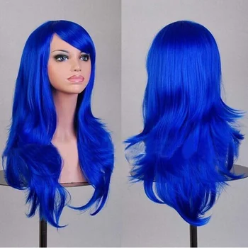 70 cm Uzun Mavi Dalgalı Cadılar Bayramı Custume Peruk Sahte Hairpieces Sentetik Saç Cosplay Peruk Peruk Kadınlar için