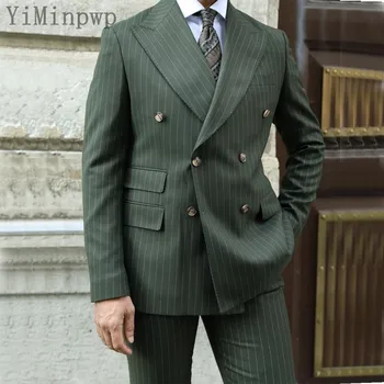 Avcı Yeşili İnce Çizgili resmi takım elbiseler Erkekler için Doruğa Yaka Kruvaze İş Düğün Takım Elbise Blazer Setleri 2 Adet Ceket + Pantolon