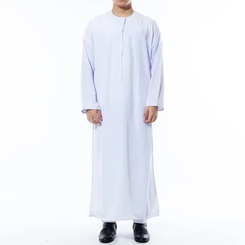 Bayram Erkekler Müslüman Giyim Beyaz Jubba Thobe Uzun Kollu Elbiseler Dubai Orta Doğu Erkekler İslam Arapça Kaftan İslam giyim