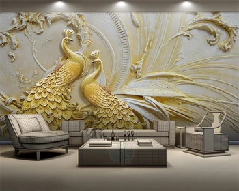 Beibehang Özel duvar kağıdı 3D üç boyutlu kabartmalı altın tavuskuşu arka plan duvar tablosu 3d duvar kağıdı papel de parede