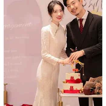 Bej cheongsam dantel uzun kollu kadın Çin tarzı elbise standı yaka düğün ziyafet elbise kızartma elbise qipao чипао
