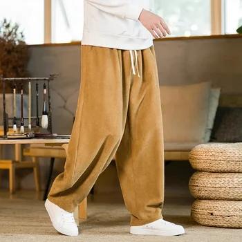Büyük boy Pantolon Gelenek Rahat Sonbahar Geniş bacak Pantolon Harajuku Kadife Streetwear düz Pantolon Erkek Elastik Bel Gevşek