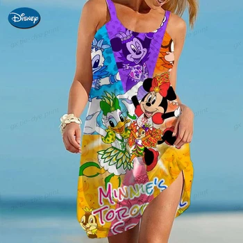 Disney Minnie Mickey Mouse 2000s Kawaii Estetik Yuvarlak Boyun Kolsuz Sling Çiçek Baskı yaz elbisesi Kadın Plaj sling Femme