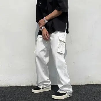 Erkek Kargo pantolon Streetwear erkek Kargo Pantolon Hop Tarzı Çok Cepler Geniş Bacak Düz Renk Nefes Yumuşak Pantolon Moda