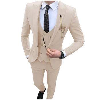 Erkek Takım Elbise Slim Fit 3 Adet Balo Smokin Doruğa Yaka Blazer Groomsmen Düğün Tailor Made Kostüm Homme (Ceket + Yelek + Pantolon)