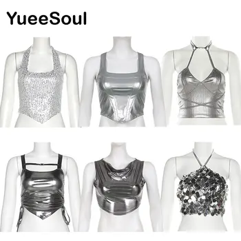 Gümüş Kırpma Üstleri Katı Kolsuz İnce kolsuz bluz 2023 Yaz Moda Sevimli Y2K Estetik Rahat Yüksek Sokak Camiş kadın kıyafetleri