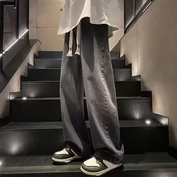 Hip-hop Tarzı Kot Retro esintili erkek Tam Boy Pantolon Geniş Bacak Derin Kasık Elastik Bel Hip Hop Streetwear Düz