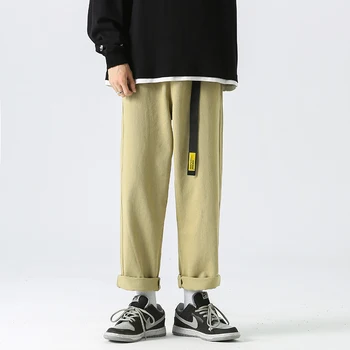 Japon erkek gevşek düz kot moda kemer sokak geniş bacak pantolon yeni öğrenci gelgit marka pantolon siyah haki ordu yeşil
