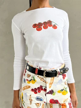 Kadın y2k Uzun Kollu T-Shirt Moda Kiraz / Kek Baskı Ekip Boyun Gömlek Bahar Sonbahar İnce Uyar Estetik Üstleri Streetwear