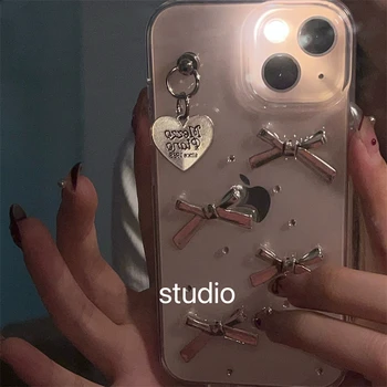 Kore Aşk Kalp Kolye 3D Gümüş İlmek Durumda İphone 15 14 13 12 11 Pro Max Artı Kız Temizle Yumuşak Kapak Elmas Epoksi Kabuk