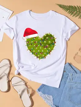 Leopar Aşk Kalp Trend Sevimli Tatlı Baskı Kadın Tee Üst Moda Noel Bayan Yeni Yıl Gömlek Giyim Giysi grafikli tişört