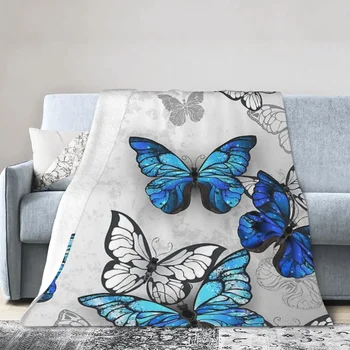 Mavi Ve Beyaz Kelebekler Battaniye Yumuşak Sıcak Pazen Atmak Battaniye Yatak Örtüsü Oturma odası Piknik Seyahat Ev Kanepe