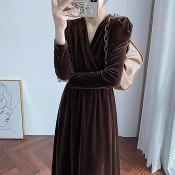 Mizaç Bayan Elbise 2023 Sonbahar Kış Yeni Derin V Boyun İnce Bel Uzun Kollu Maxi Kadife Elbiseler Kadın Zarif Giyim