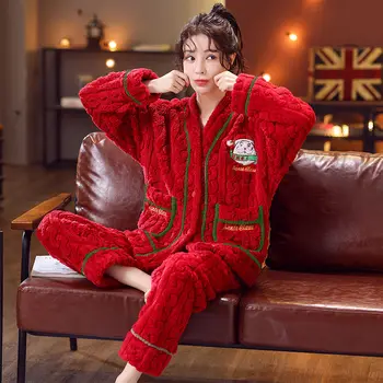 Noel Pijama Seti Kadınlar için Kalın Kış Pijama Tam Kollu Yumuşak Sıcak Pijama Kız Pijama 잠옷