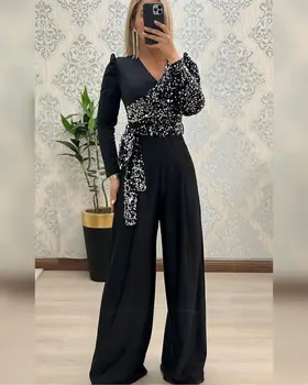 Resmi Durum Elbise Siyah Tulum kadın Balo Elbise V Boyun Uzun Kollu Sequins Kat Uzunluk Akşam Partisi Törenlerinde