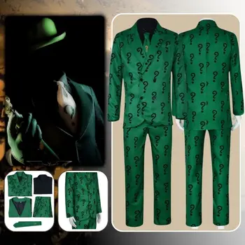 Riddler Cosplay Fantasia Kostüm Disguise Yetişkin Erkekler Yeşil Üniforma Üst Pantolon Fantezi Roleplay Kıyafetler Adam Cadılar Bayramı Karnaval Elbise