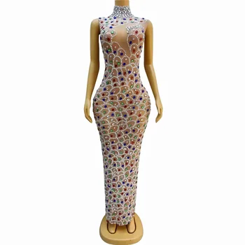 Seksi Çıplak Örgü Şeffaf Renkli Rhinestones kristal elbise Doğum Günü Kutlamak Renkli Taşlar Kıyafet Balo Parti yulin