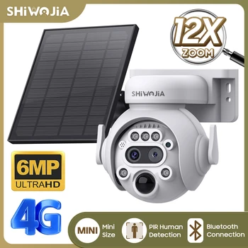 SHIWOJIA 3K 6MP Güneş Kamera 4G SIM 12X ZOOM WİFİ güneş paneli kamerası Güvenlik Koruma PIR Monitör Gece Görüş Gözetim
