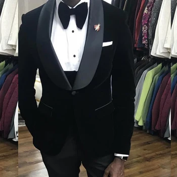 Siyah Kadife Erkek Takım Elbise 3 Parça Afrika Düğün Smokin Kış Slim Fit Damat Erkek Moda Kostüm Ceket Yelek Pantolon