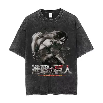 Titan Shingeki Hiçbir Kyojin Yıkanmış T Shirt Streetwear Hip Hop Vintage T-Shirt Tees Tops Erkekler Kadınlar Harajuku Baskılı