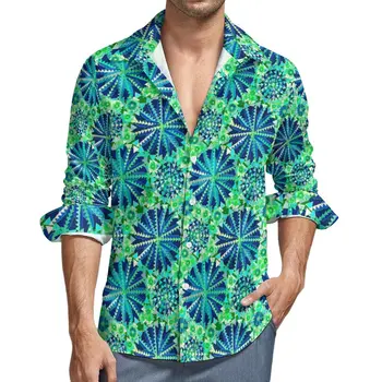 Tribal Baskı Mandala Casual Gömlek Erkekler Mavi ve Yeşil Gömlek Uzun Kollu Vintage Y2K Bluzlar Sonbahar Grafik Üstleri Büyük Boy