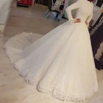 Vintage Yüksek Boyun Müslüman düğün elbisesi Dantel Aplikler Uzun Kollu Mahkemesi Tren Gelin balo elbisesi Vestidos De Noiva Robe de mariée