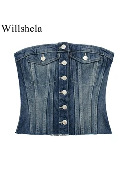 Willshela Kadın Moda Denim Mavi Büstiyer Tek Göğüslü Korse Üst Vintage Straplez Slash Boyun Kadın Chic kadın bluzları