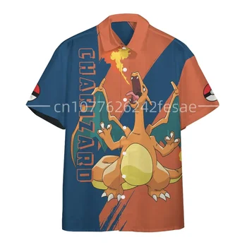 Yeni Bahar Ve Yaz Pokemon Charizard havai gömleği Rahat Moda Sokak Y2K Düğme Gömlek erkek ve kadın T-Shirt