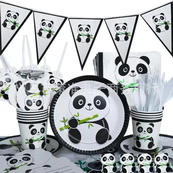 Yeni beyaz panda doğum günü partisi malzemeleri tek kullanımlık çatal bıçak takımı Kağıt tabaklar kağıt bardaklar Kağıt havlu masa örtüsü balonlar