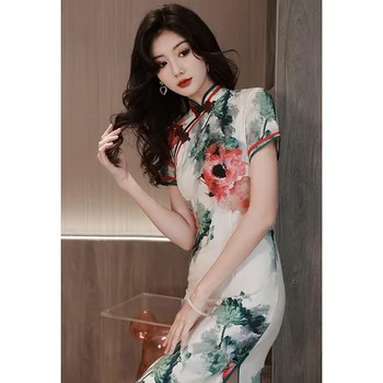 Yourqıpao Uzun Cheongsam 2023 Yeni Kadın Çin Tarzı Zarif Mizaç Geliştirilmiş Günlük Qipao Elbise Podyum Cosplay Kostümleri