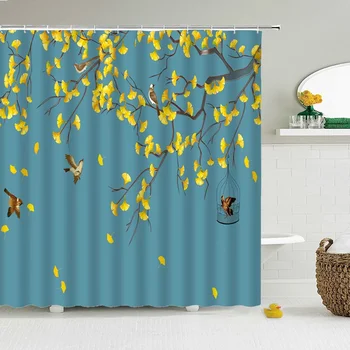 Çin Çiçek Kuş Duş Perdeleri Seti Baskı Su Geçirmez Polyester Yapraklar Duş Perdeleri Banyo Ev Dekor Mat 180x200CM