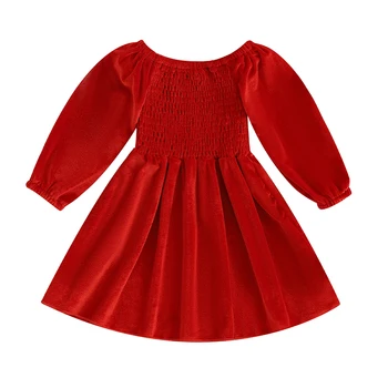 Çocuk Kız Noel Elbise Uzun Kollu Pilili Düz Renk evaze elbise Parti Elbise