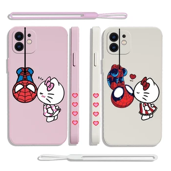 Örümcek adam Hello Kitty Telefon Kılıfı İçin iPhone 15 14 13 12 11 Pro Max Mini X XR XSMAX SE20 8 7 Artı Silikon Durumlarda El Kayışı ile