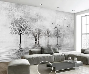 Özel ev arka plan duvar 3d kağıdı yeni Çin soyut siyah ve beyaz ağacı su yansıma fotoğraf boyama